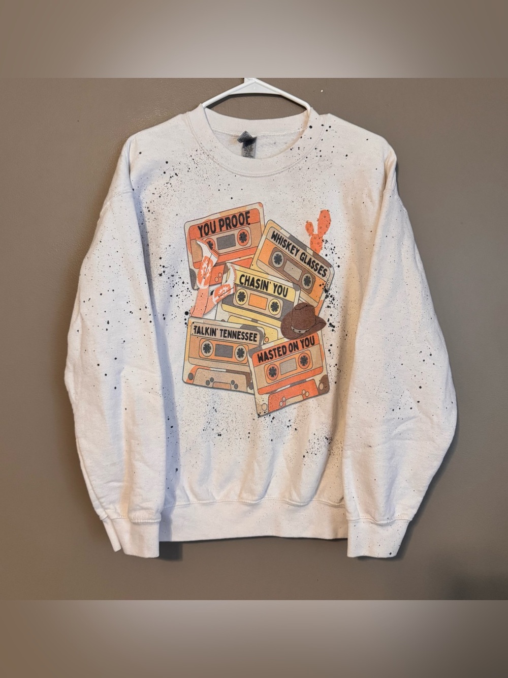 Morgan Wallen Graphic Sweatshirt Hit Songs Cassette White Paint Splatter Women M